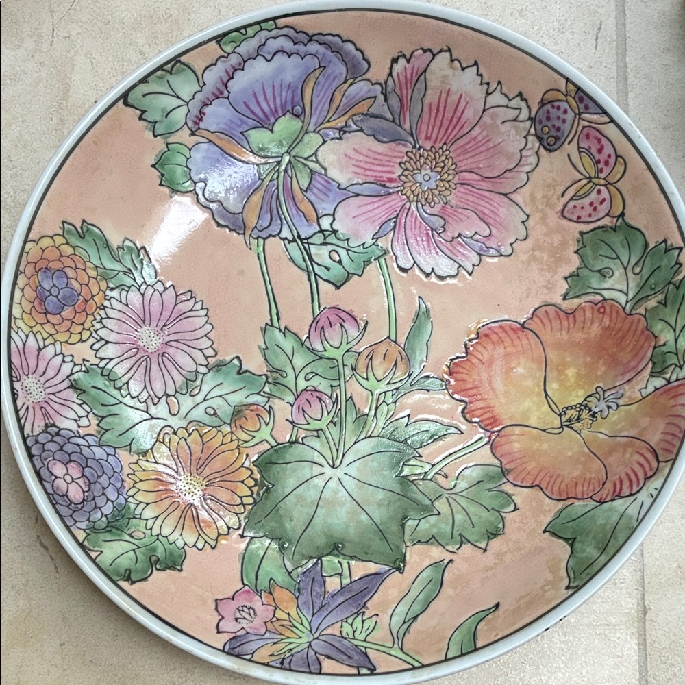 Hand-Painted Floral Ceramic Wall Plate - Pink and Multicolor